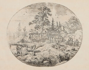 Der Weiler zwischen den Bäumen – … am Ufer de Flusses – Die Landschaft mit der Holzbrücke – Vier Figuren unter einem Baum.