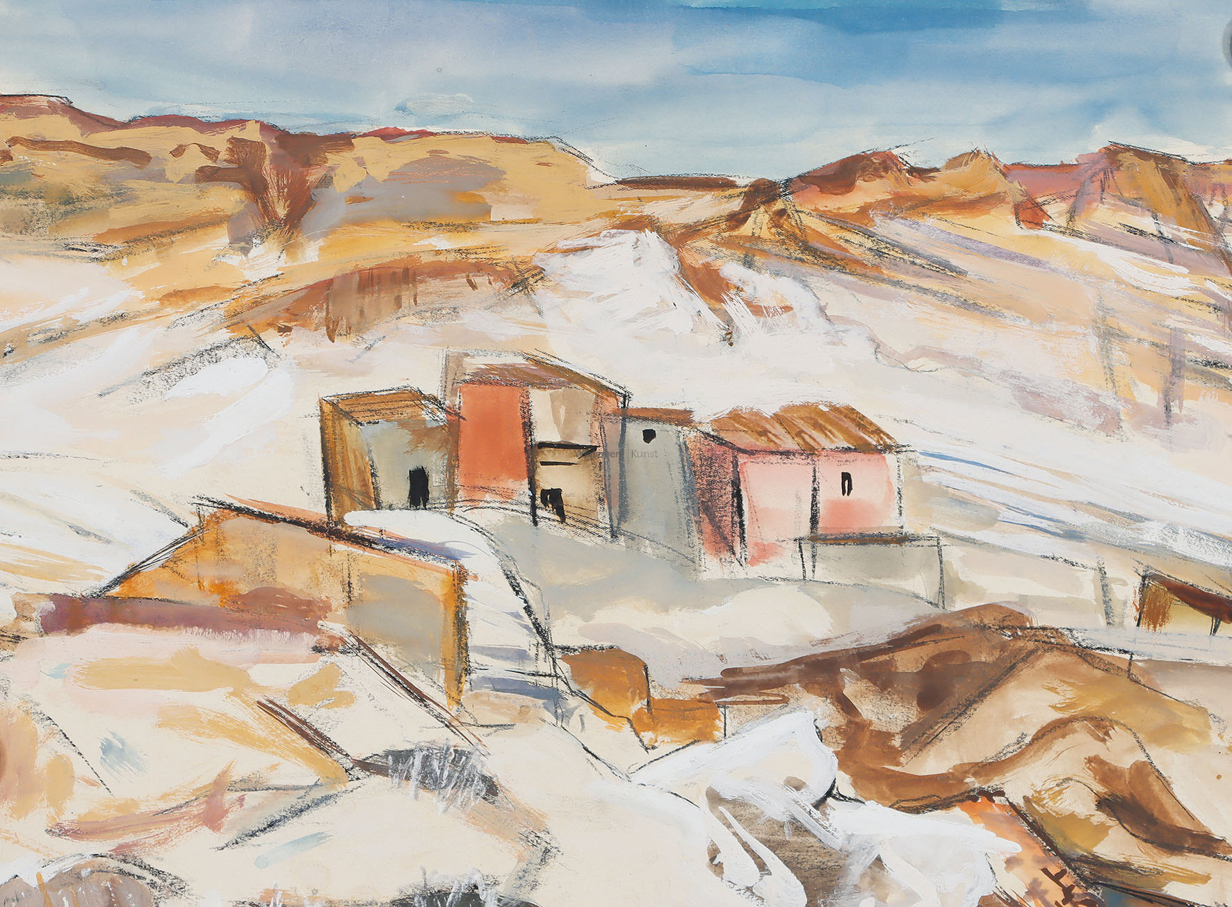 Bauernhäuser in südlicher Felsenlandschaft – Haus bei einem Dorf – Dorflandschaft mit Straße bei einer Villa.