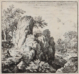 Der Weiler am Berghang – Der große kahle Felsen am Wege – Der Weiler auf bergigem Feld – Die von hinten gesehene Strohhütte.