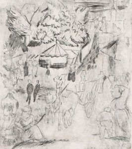 Auf dem Pferdeplatz – Auf der Terrasse – Straße mit Pferdewagen und Zelt.