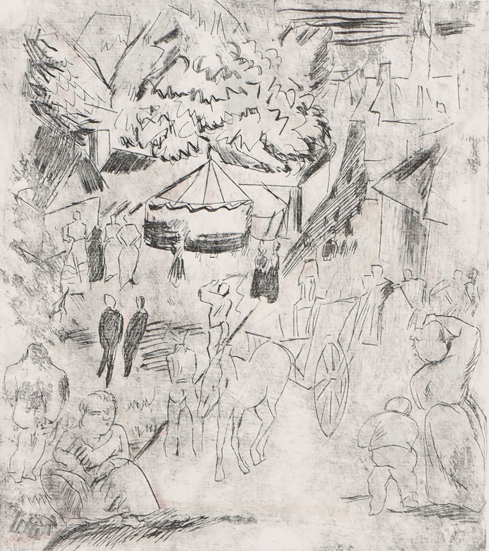 Auf dem Pferdeplatz – Auf der Terrasse – Straße mit Pferdewagen und Zelt.