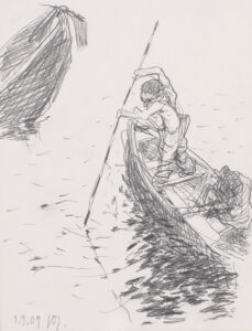 In Boot stehender Mann mit Stake bei einem Wrack – Sitzender mit Stab.