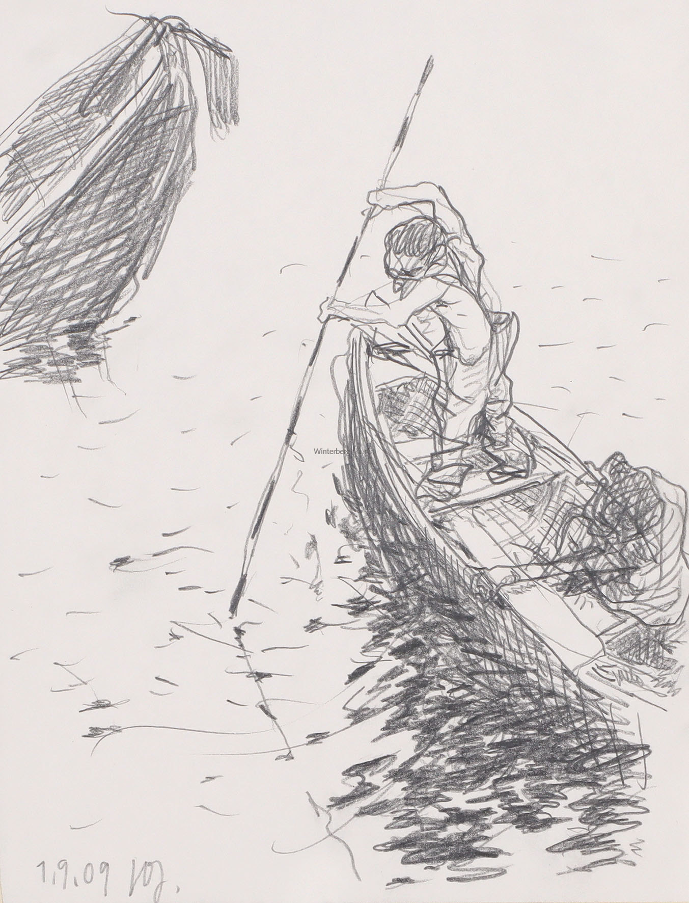 In Boot stehender Mann mit Stake bei einem Wrack – Sitzender mit Stab.