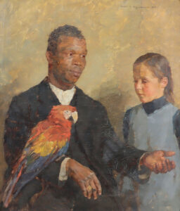 Schwarzer mit Papagei auf dem Arm, daneben ein Mädchen.