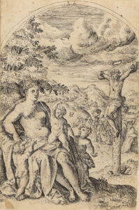 Weiblicher Halbakt mit drei Kindern,