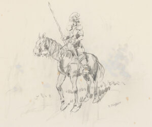 Don Quichotte auf Rosinante reitend.