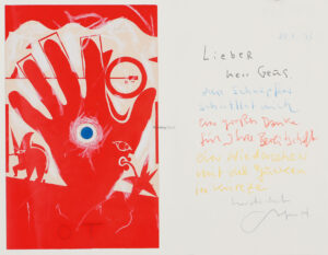 Komposition mit Apfel, Signet für die Basilisken-Presse sowie abstrahierte Tiere und Figuren.