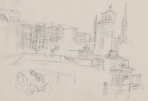 Blick auf die Fassade der St. Michaelskirche in Berlin über den Luisenstädtischen Kanal,