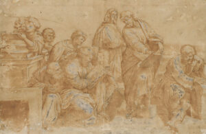 Schule von Athen: Figurengruppe mit Pythagoras und Heraklit.