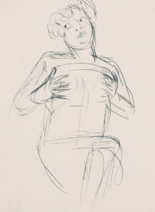 Sitzende Frau mit lockigem Haar,