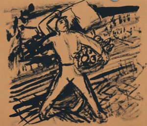 Fahne schwingender Mann, einen Korb mit Gemüse haltend.