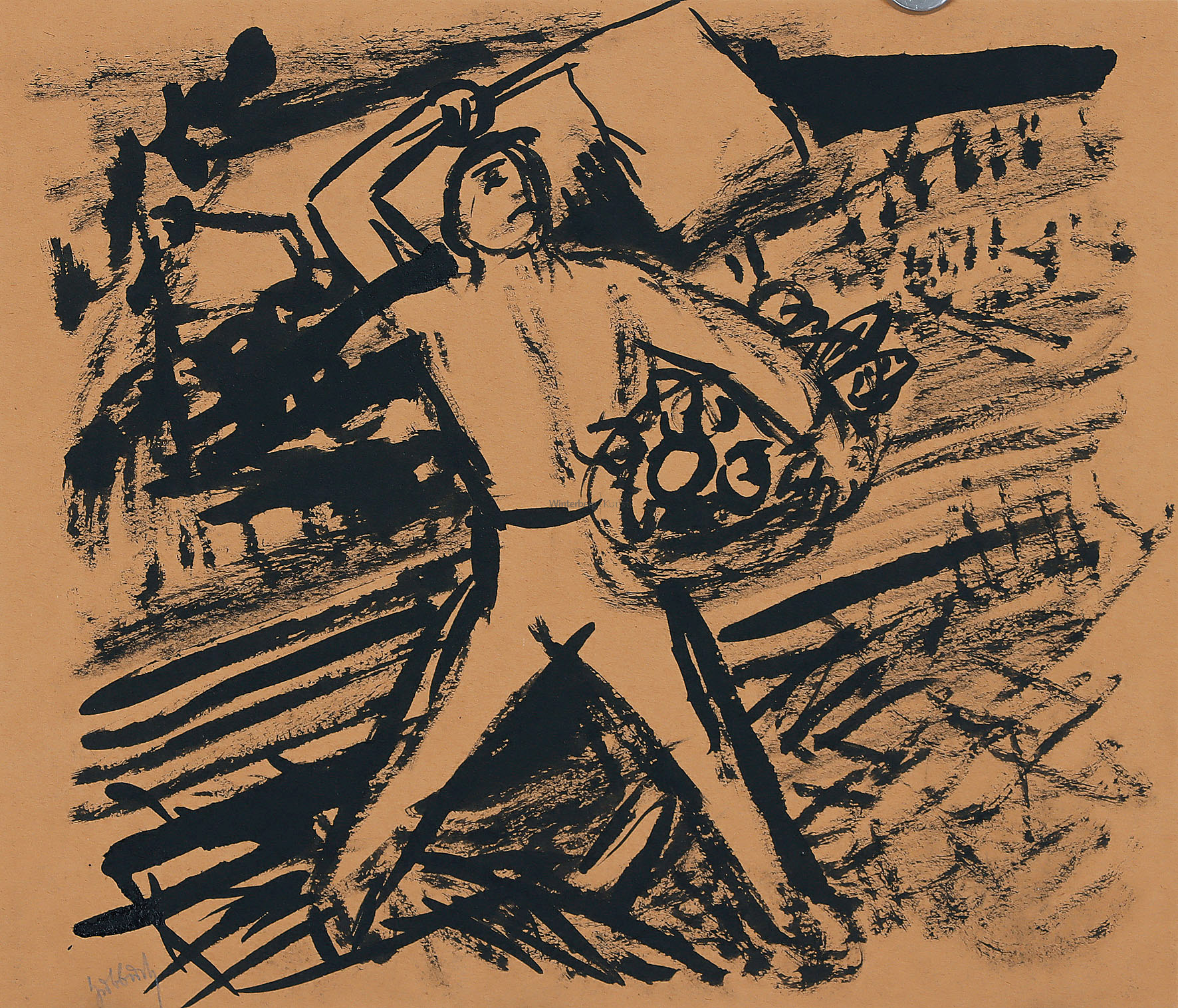 Fahne schwingender Mann, einen Korb mit Gemüse haltend.