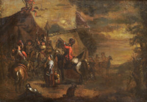 Zeltlager mit Soldaten, Trompeter und Marketenderin.