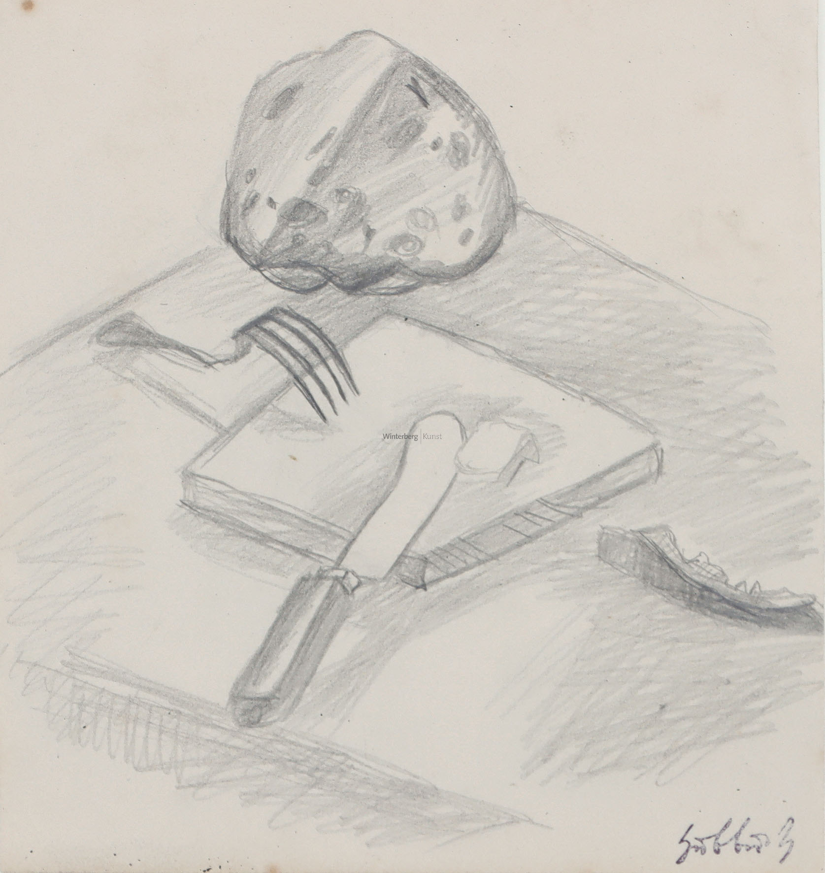 Stilleben mit Vesperbrett, Brot und Butter.