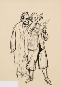 Aus einem Buch vorlesender Mann in kariertem Jackett und Knickerbockerhosen,