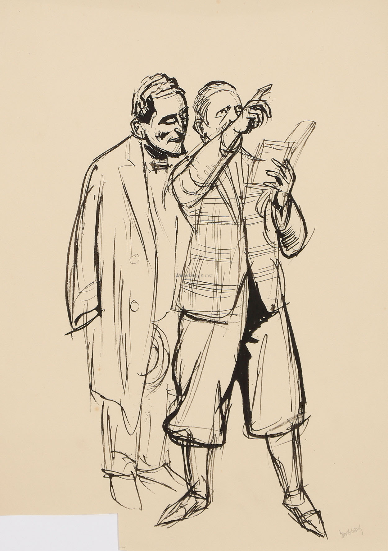 Aus einem Buch vorlesender Mann in kariertem Jackett und Knickerbockerhosen,