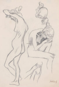 Stehender weiblicher Akt im Profil und sitzender Akt, den Kopf auf das hochgezogende Knie gelegt.