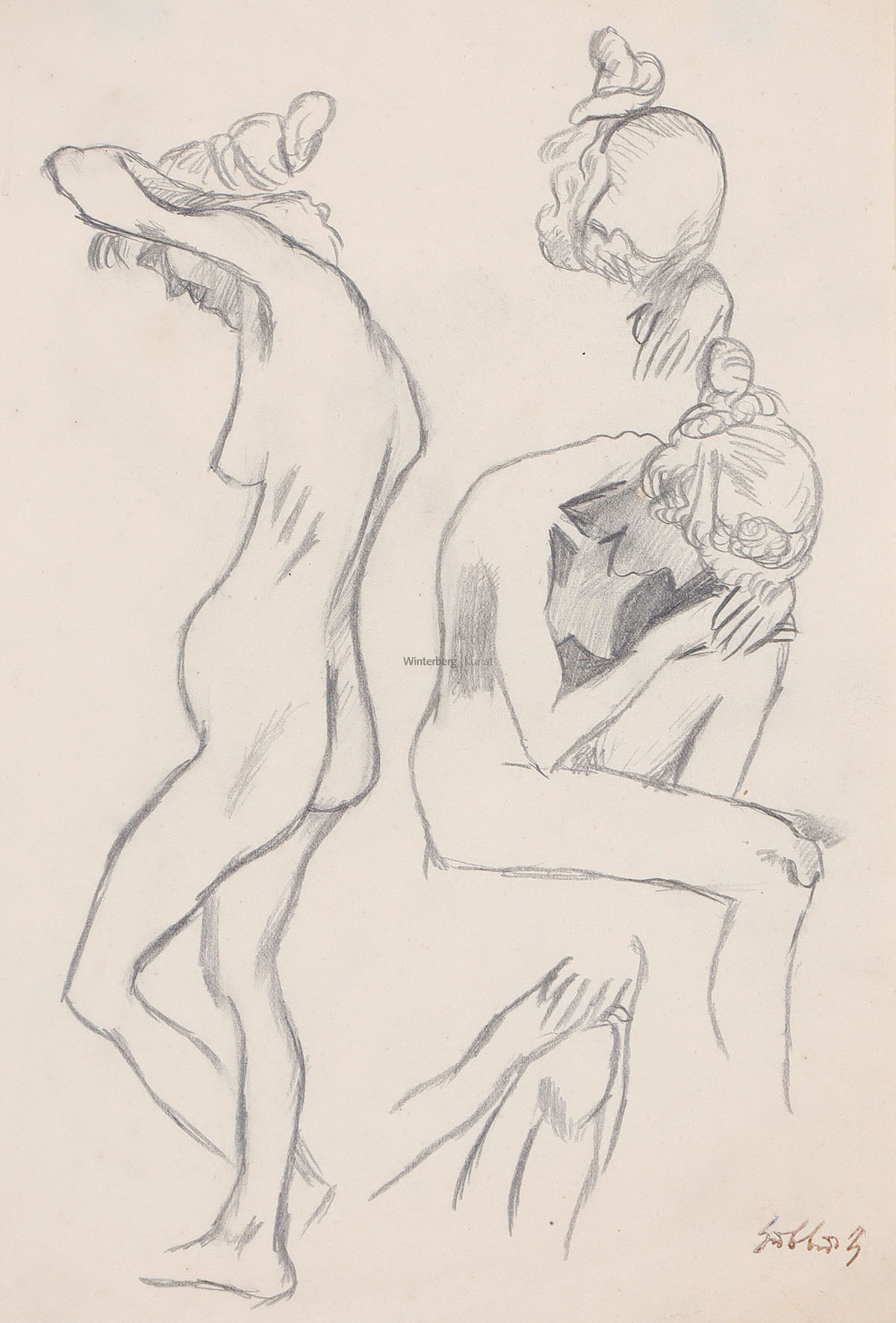 Stehender weiblicher Akt im Profil und sitzender Akt, den Kopf auf das hochgezogende Knie gelegt.