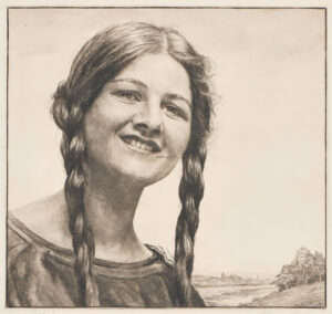 Mädchenkopf mit langen Zöpfen.