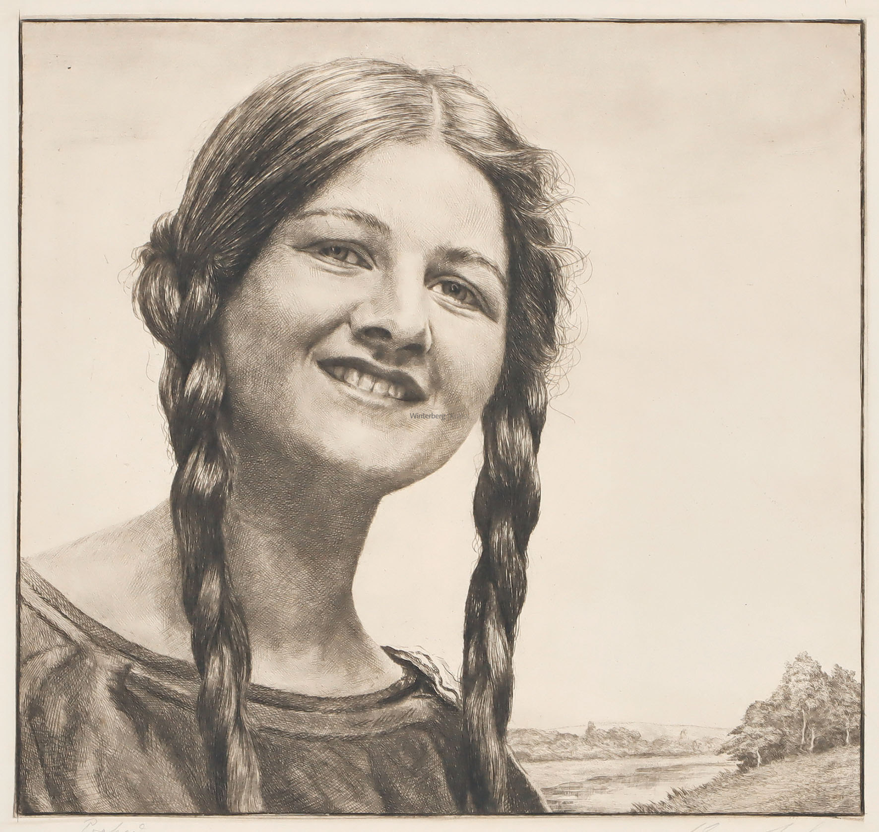 Mädchenkopf mit langen Zöpfen.