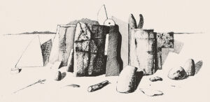 Auf dem Podest – Stierschädel – Verschiedene Gegenstände.