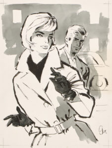 Straßenszene mit junger Frau im Trenchcoat und blondem Mann im Anzug.