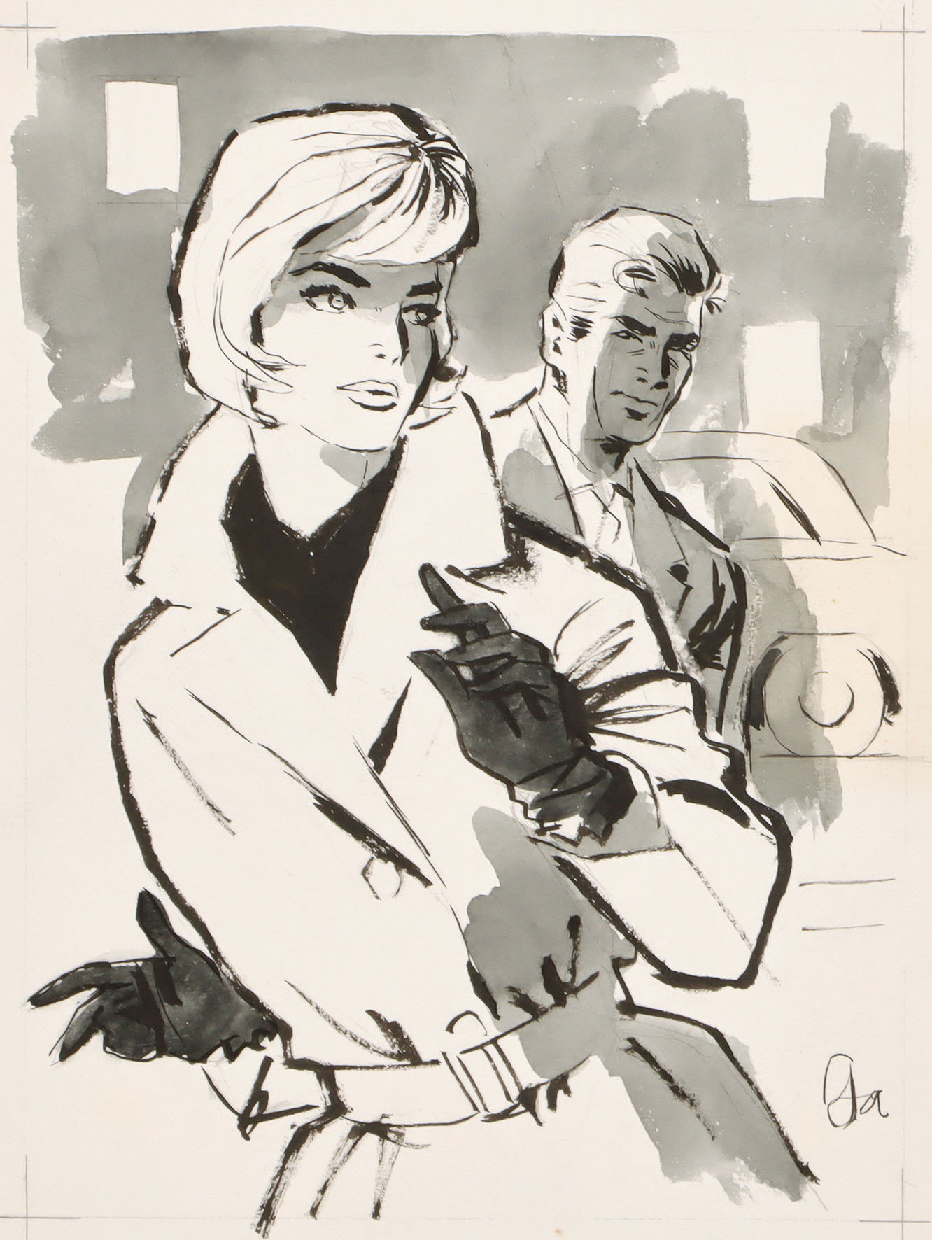 Straßenszene mit junger Frau im Trenchcoat und blondem Mann im Anzug.