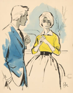 Junge Frau in Rock und gelber Bluse mit blondem Mann in blauem Anzug.