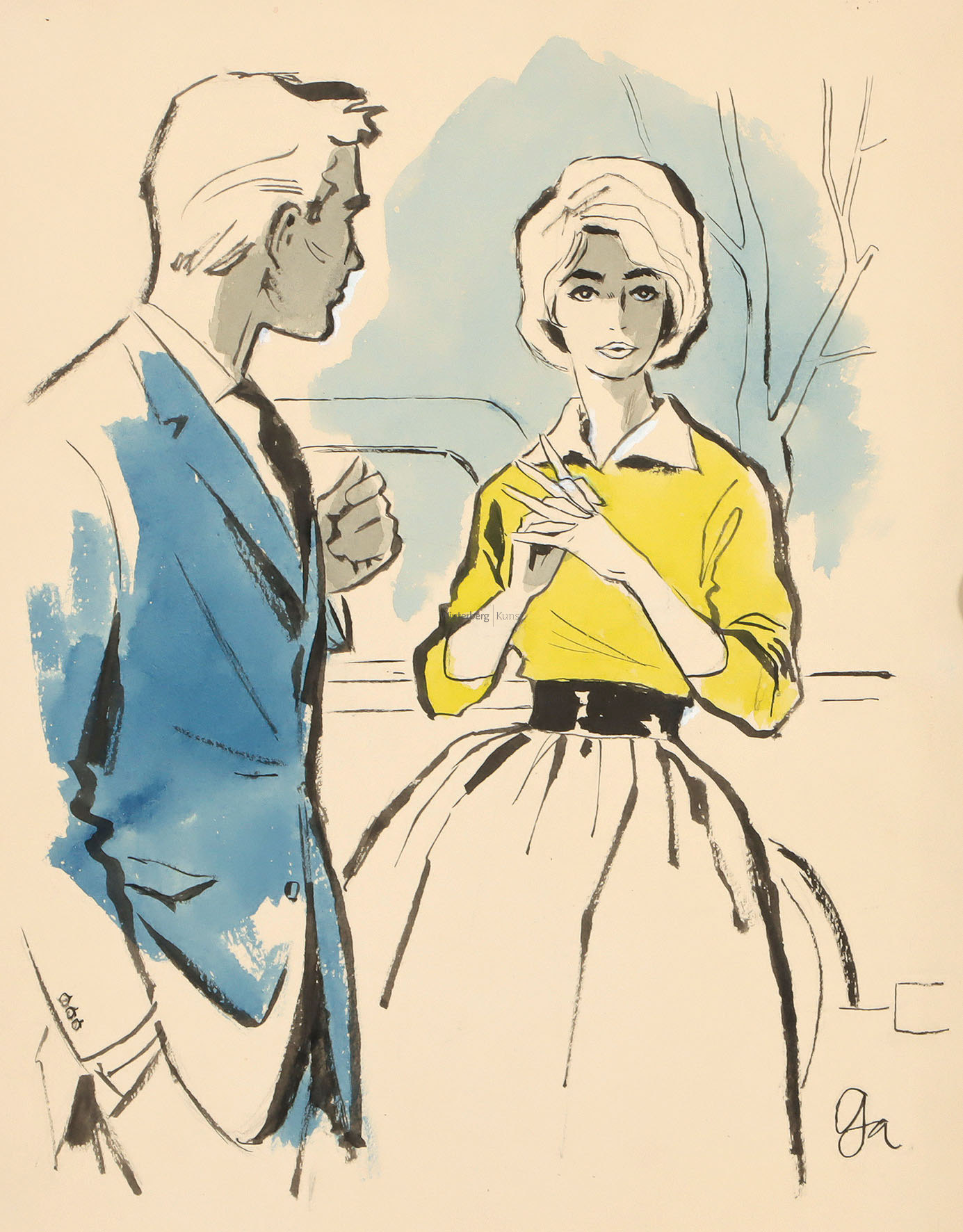 Junge Frau in Rock und gelber Bluse mit blondem Mann in blauem Anzug.