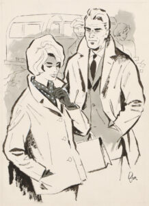 Junge Frau und blonder Mann im Anzug und Jacke, im Hintergrund ein Bus.