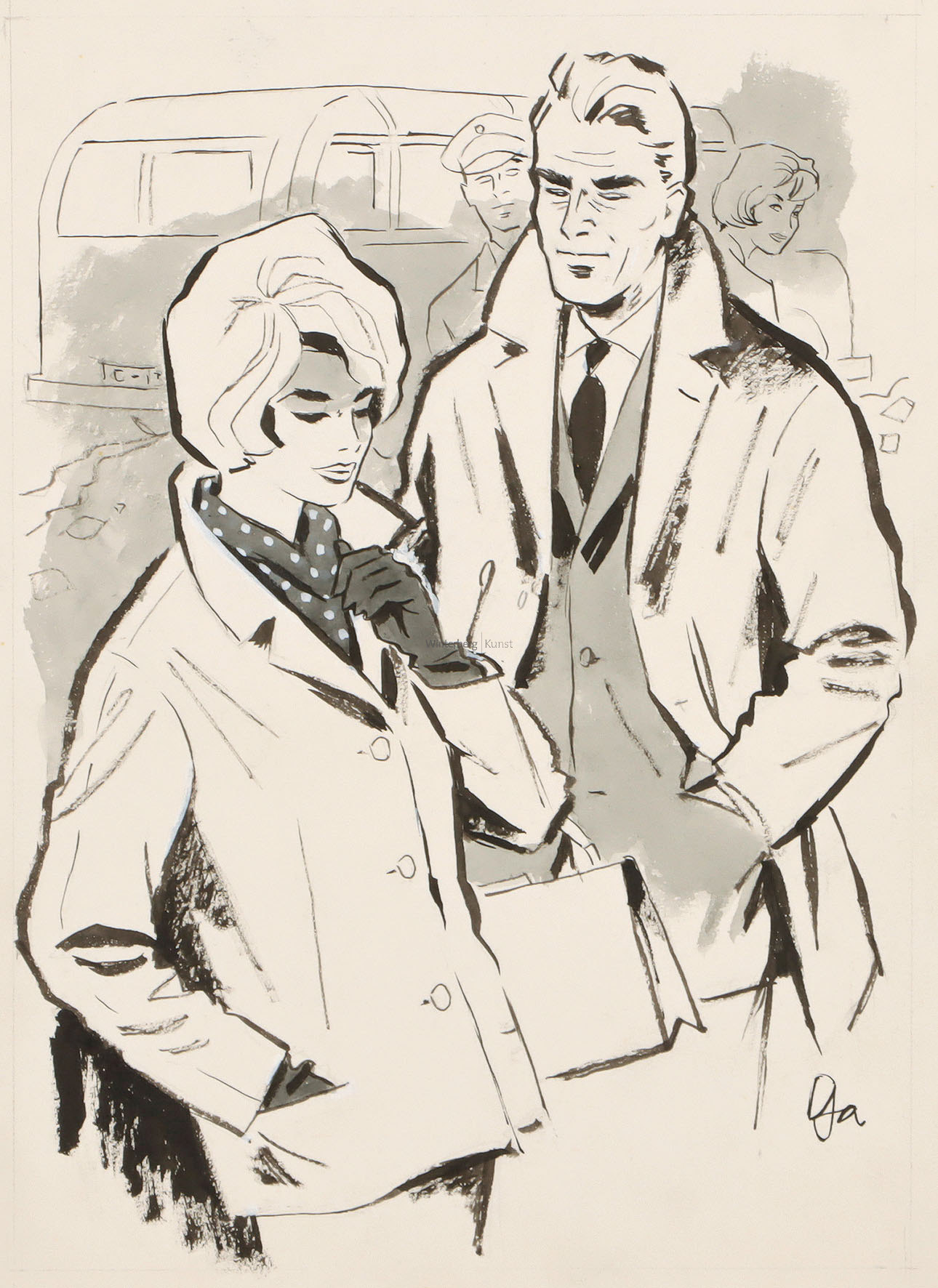 Junge Frau und blonder Mann im Anzug und Jacke, im Hintergrund ein Bus.