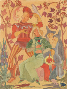 Prinz verehrt einer von Zwergen umgebenen Prinzessin eine Rose.