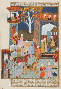 Palasthof mit zwei gesattelten Pferden, Elefant und zahlreichen Turbanträgern.