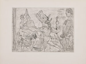 Minotaure aveugle guidé par une petite Fille au Pigeon.