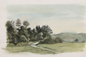 Landschaft mit Bäumen – Dorf mit Kirche – Stuhl – Blick auf Lippertskirchen mit der Wallfahrskirche Maria Morgenstern.