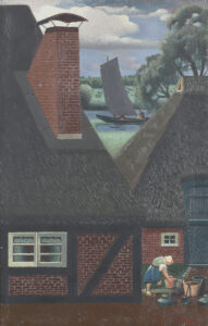 Bäuerin bei einem mit Reet gedeckten Gehöft,