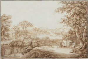 Flusslandschaft mit rastender Hirtenfamilie in der Nähe von Rom.