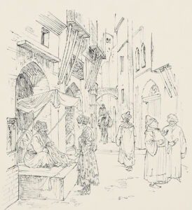 Orientalische Straßenszene mit sitzendem alten Mann und Prinz.