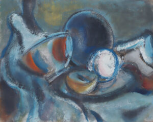 Stilleben mit Teller und Früchten.