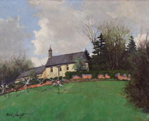 Heidelberg: Stift Neuburg, im Vordergrund blühende Obstbäume.