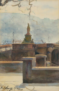 Heidelberg: Blick vom nördlichen Neckarufer auf Teile der Alten Brücke mit der Minervastatue,