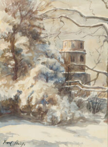 Heidelberg: Blick über schneebedeckte Bäume auf den Glockenturm des Schlosses.