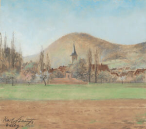 Heidelberg: Blick über Felder auf Teile von Handschuhsheim mit der Friedenskirche.