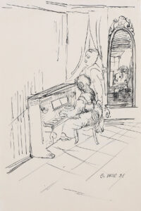 Salon mit einer Klavierspielerin.