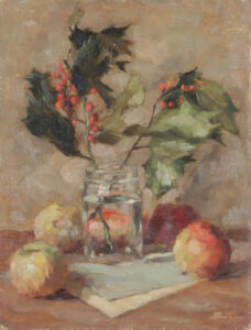 Stilleben mit Stechpalme in einem Glas und Äpfeln.