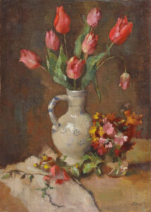 Stilleben mit Tulpen in einem Tonkrug.