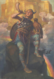 Auf Fels sitzender Wikinger mit Adler und Horn, dahinter Walhalla – Thor mit Hammer und Blitzbündel.