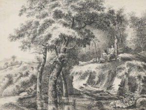 Bukolische Szene mit musizierendem Trio auf einem Fels am Wasser im Wald.