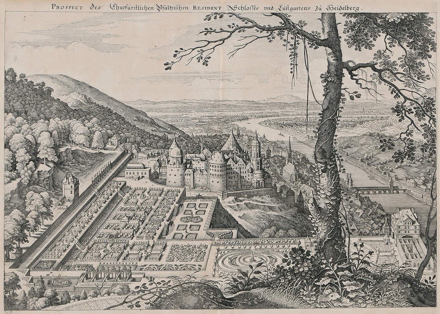 Heidelberg: „Wahre Contrafactur der Churfürstlichen Statt Heidelberg… 1622“ – „Prospect des Churfürstlichen Pfältzischen Resident Schlosses und Lustgartens zu Heidelberg“.