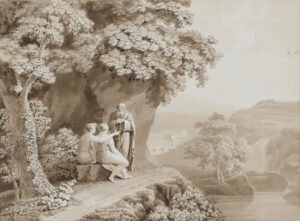 Ideallandschaft mit unter Bäumen sitzenden Frauen in antikisierenden Gewändern mit einem alten Mann,